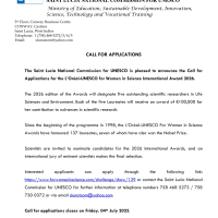 The Saint Lucia National Commission - Call for Applications for the L’Oréal-UNESCO for Women in Science International Award 2026